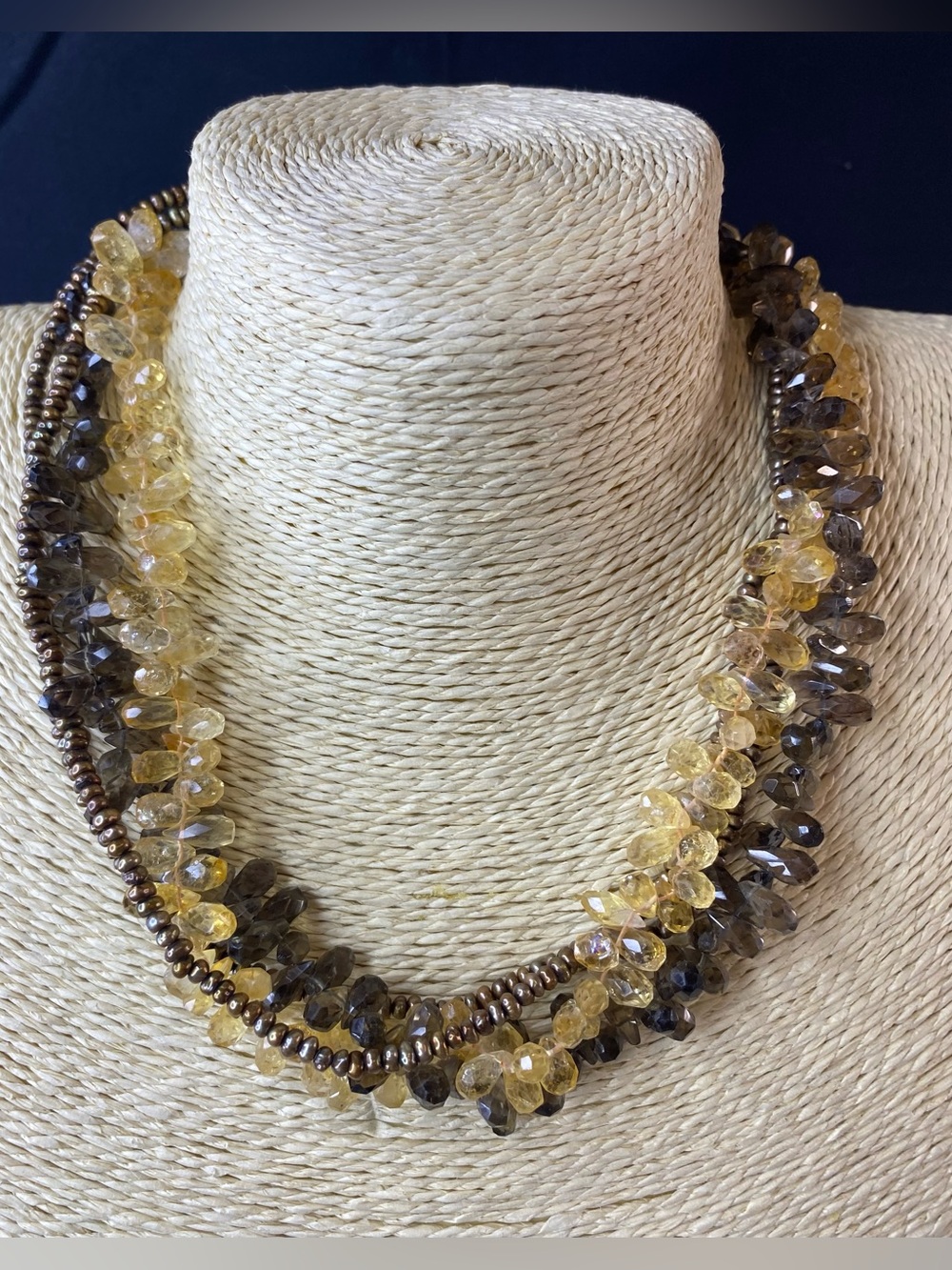 Citrine Smoky Quartz Pearl 14K Clasp Twist Gemstone Necklace 18 Inch 97gram
